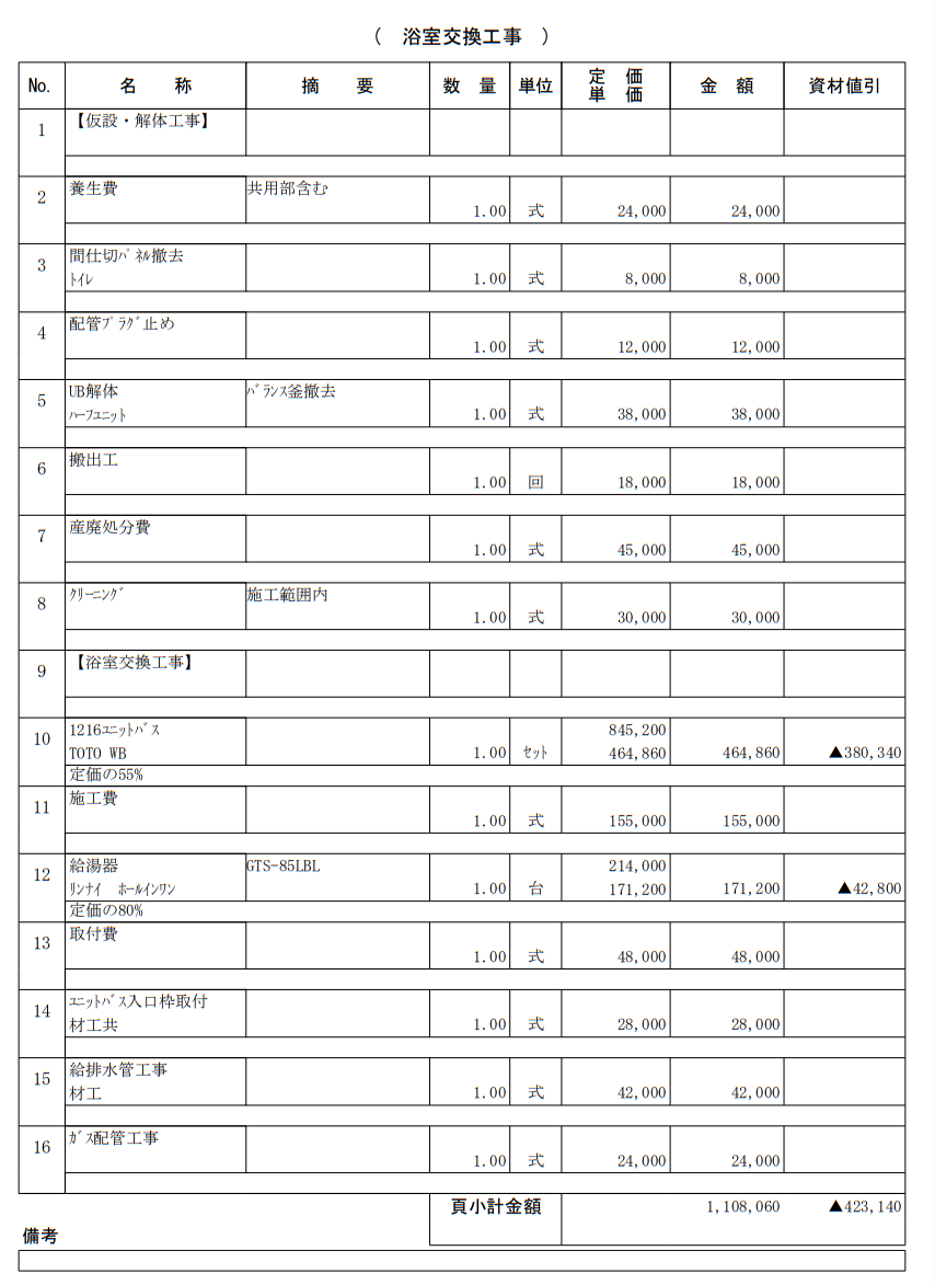 ユニットバス交換工事をする際に、給湯器交換とトイレ・洗面室のクロスを交換したお見積もりの写真です。