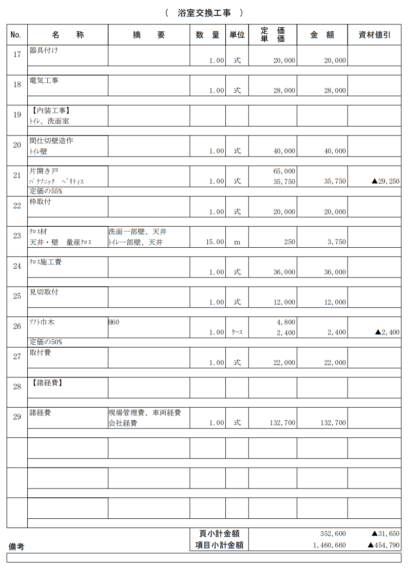 ユニットバス交換工事をする際に、給湯器交換とトイレ・洗面室のクロスを交換したお見積もりの写真です。