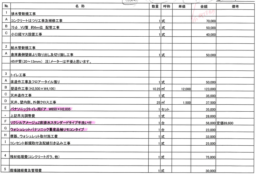 配管工事、パナソニック製のトイレ新設工事のお見積もりの写真です。