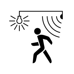 Walking man silhouette with lamp and sensor waves. Black color.