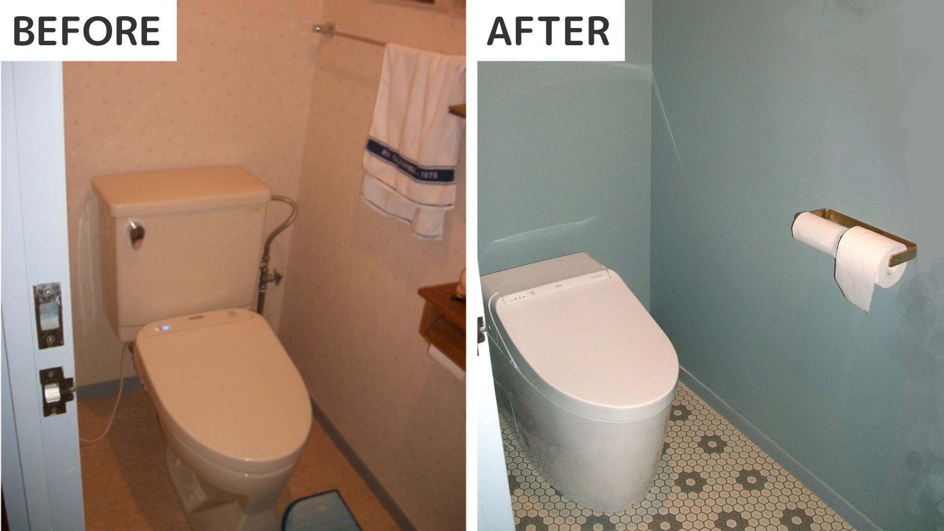 タイルを敷き壁の色も合わせたトイレの事例