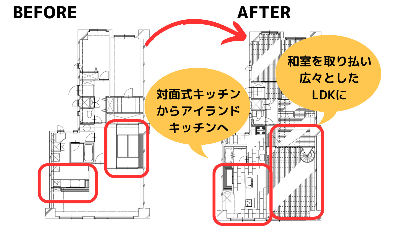 マンションの間取り変更リフォーム事例③間取り図ビフォーアフター