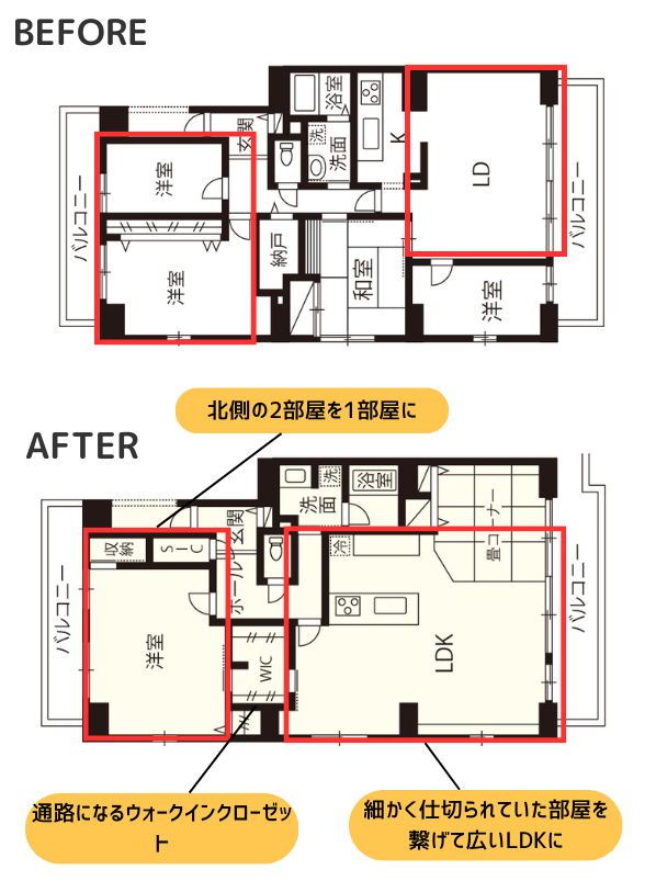 細切れだった4LDKのマンションをスケルトンリフォームで開放的な1LDK＋畳コーナーへ変更した間取り図