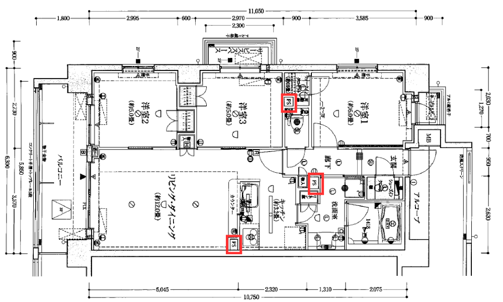 マンションの一室の間取り図。PS（パイプスペース）を赤枠で囲んでいる