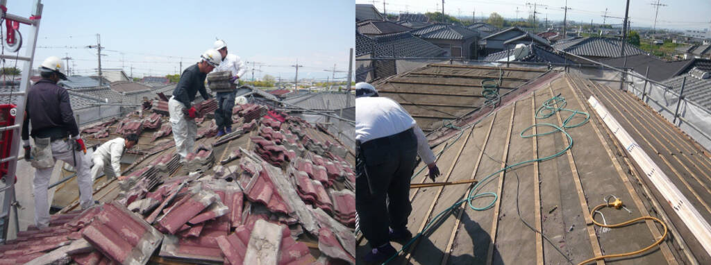 劣化した瓦屋根の解体中・施工中