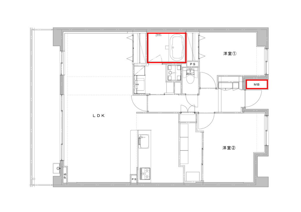 浴室が部屋の中央にある図面