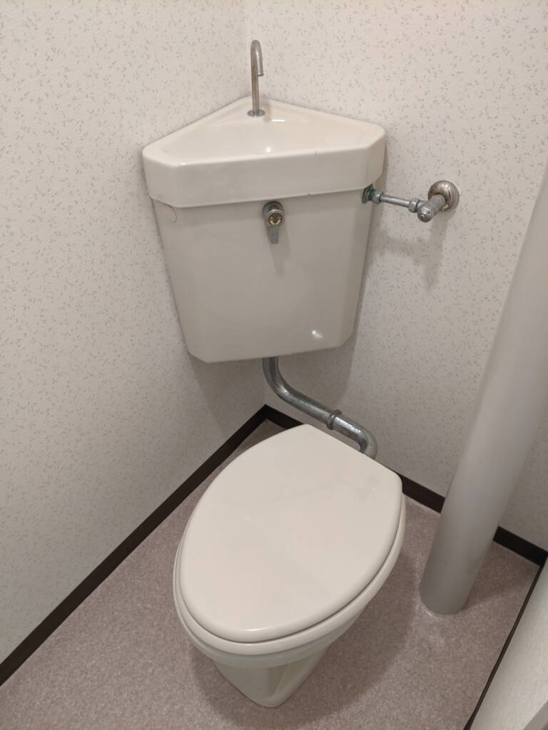 立管を避けるために特殊な形状のトイレが設置されている