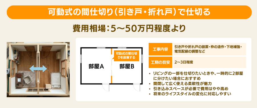 可動式の間仕切りで部屋を分ける